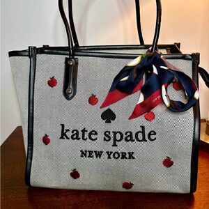 Kate Spade Ella Tote with Apple Embroidered Accents, and Silk Apple print Scarf